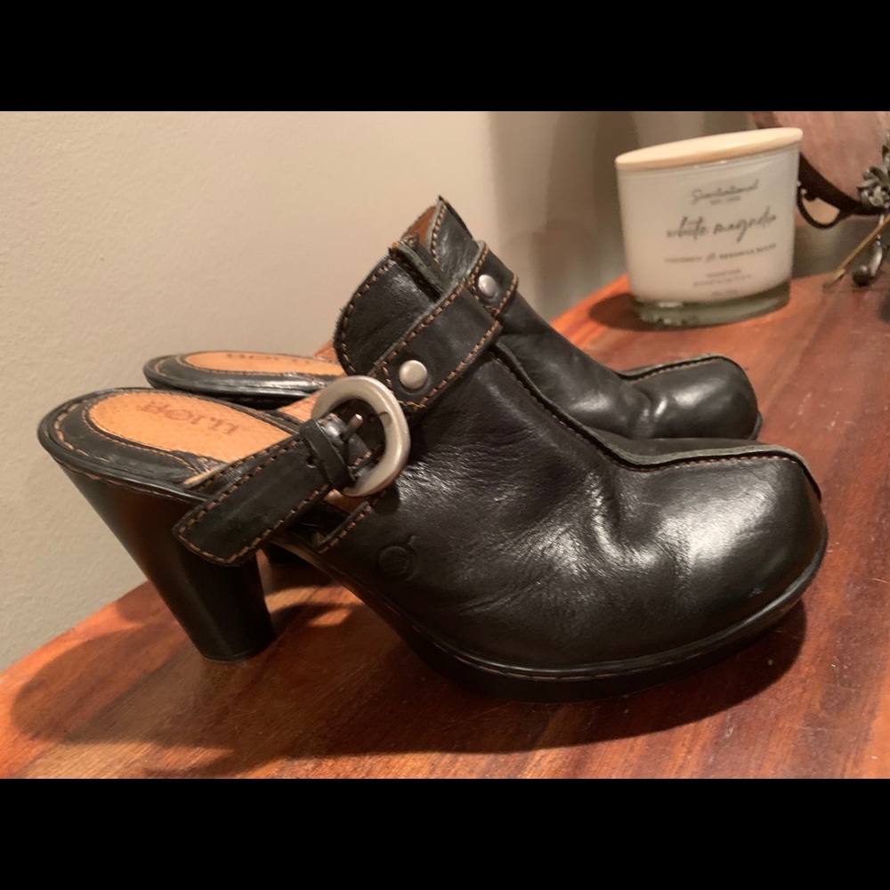 Born Amilynn black leather silver buckle clogs 9
